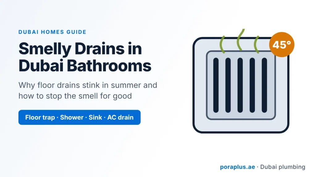 Smelly bathroom floor drain in Dubai during summer heat