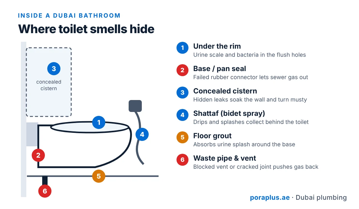 Diagram of toilet bad smell sources in a Dubai bathroom: rim, base seal, concealed cistern, shattaf, grout and vent